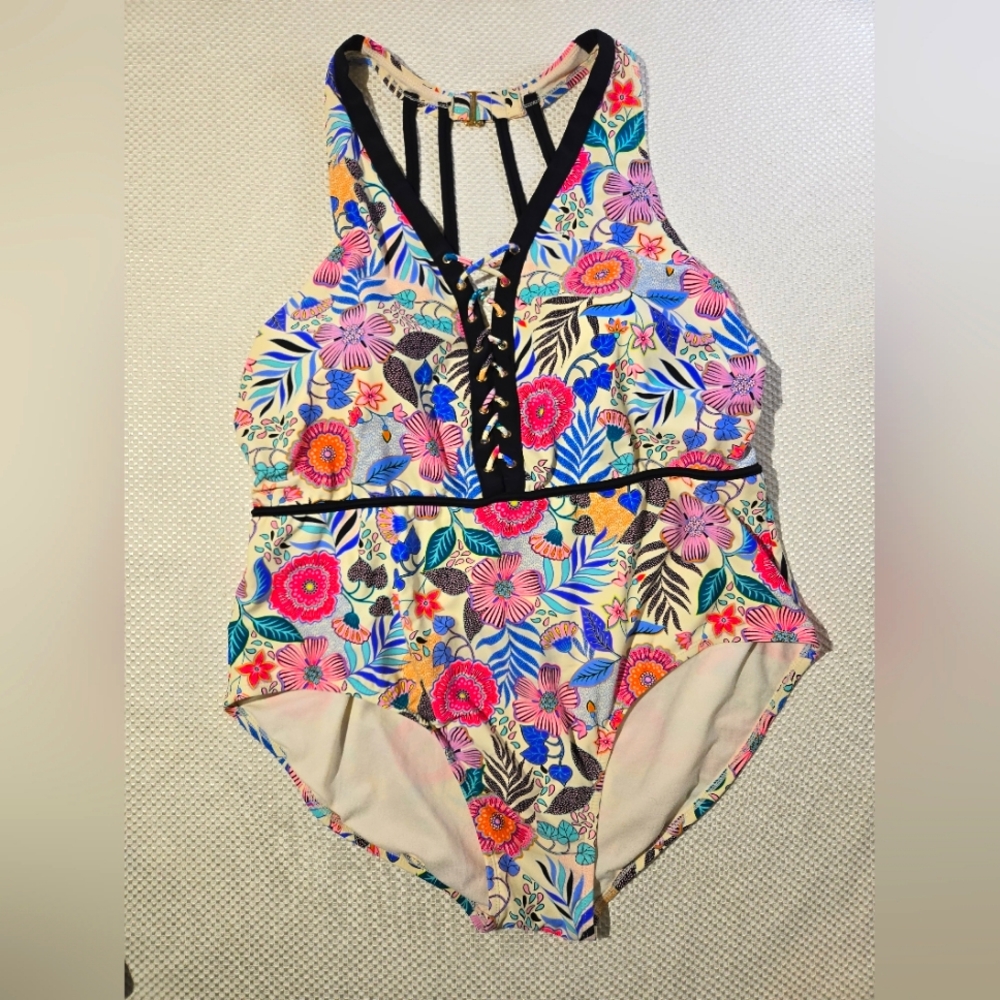 Time and Tru Floral Lace-Up One-Piece Swimsuit - Pink, Blue, Yellow, Black